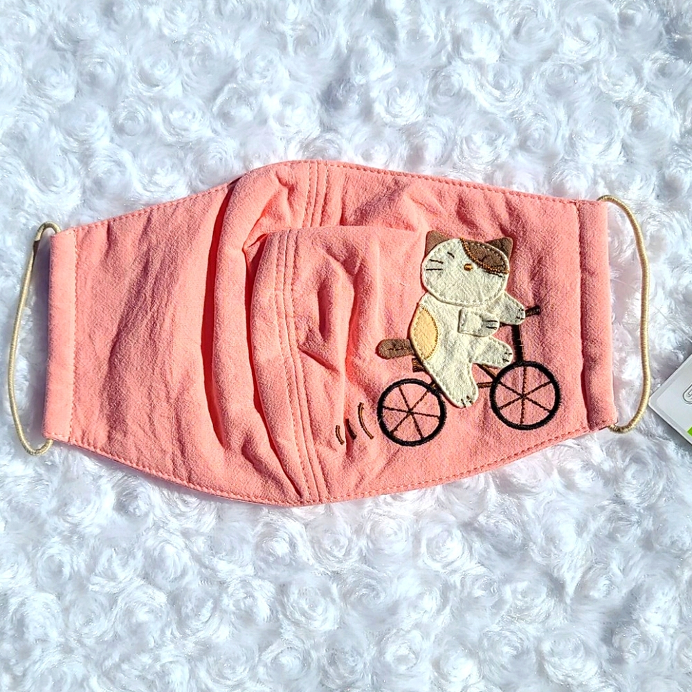 1 Adult Light pink cat w bike Embroidered Mask
